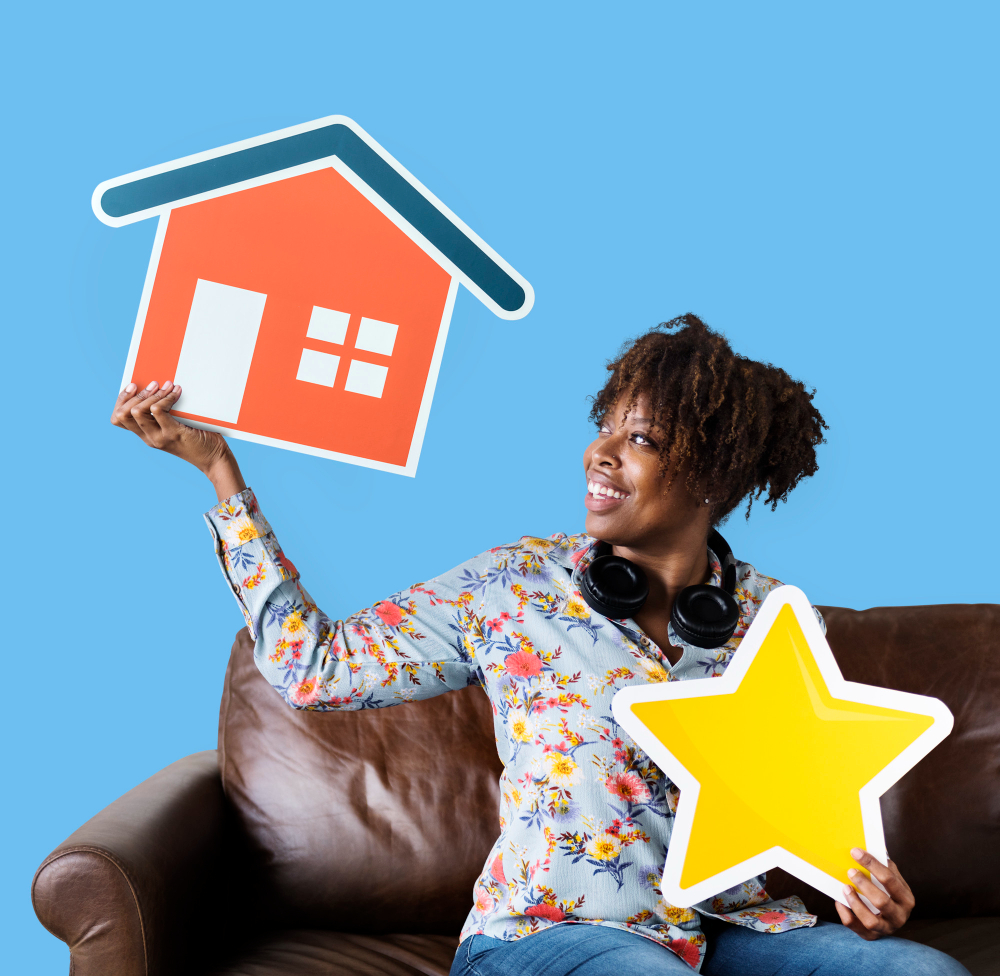 cheerful-woman-holding-house-star-icons